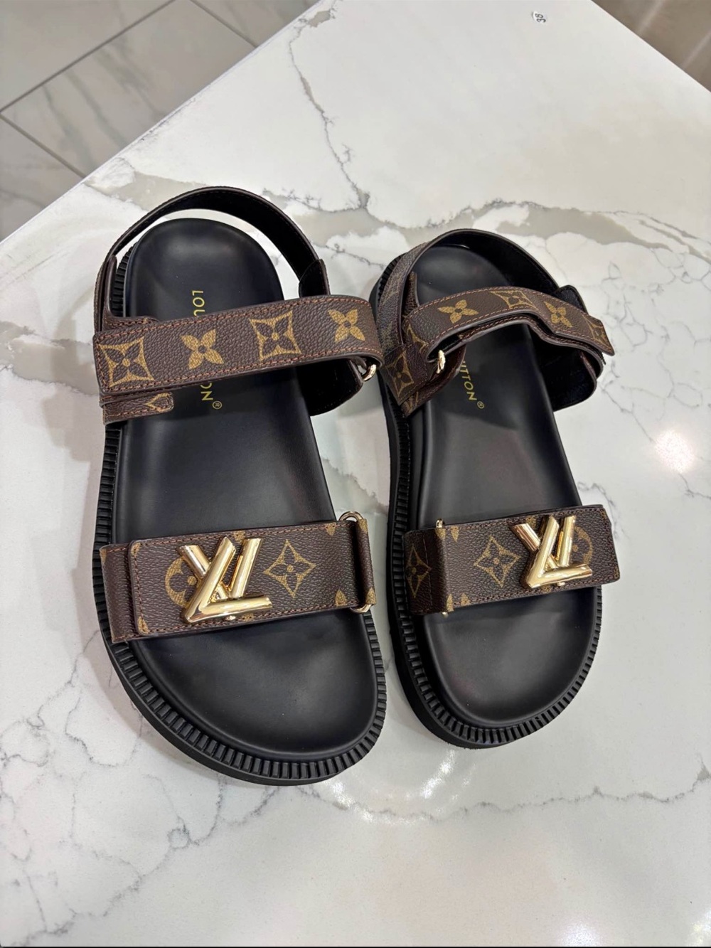 Louis Vuitton Brown Monogram Leather Sandals with Gold Hardware